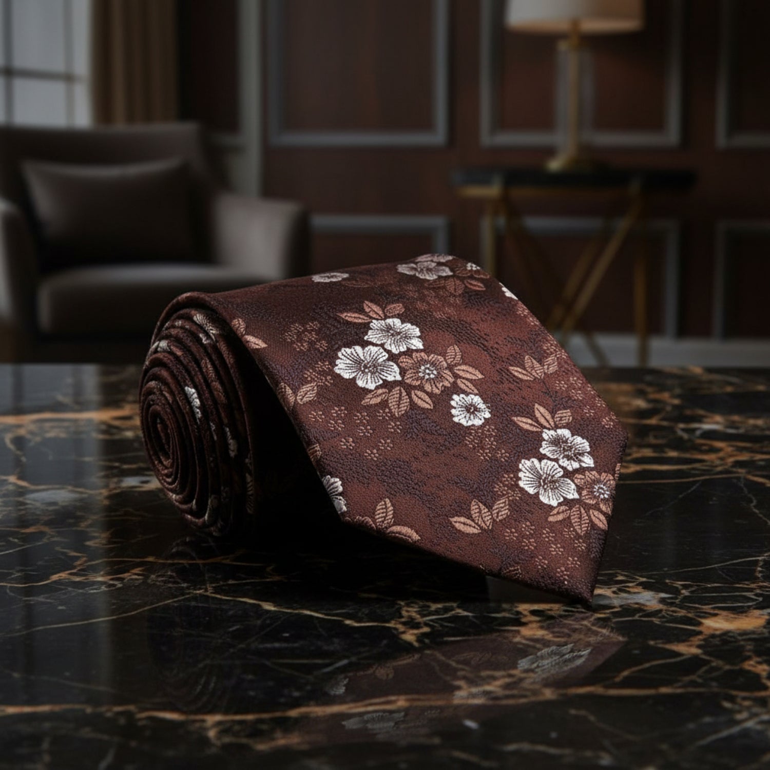 Brown, White Floral Necktie  