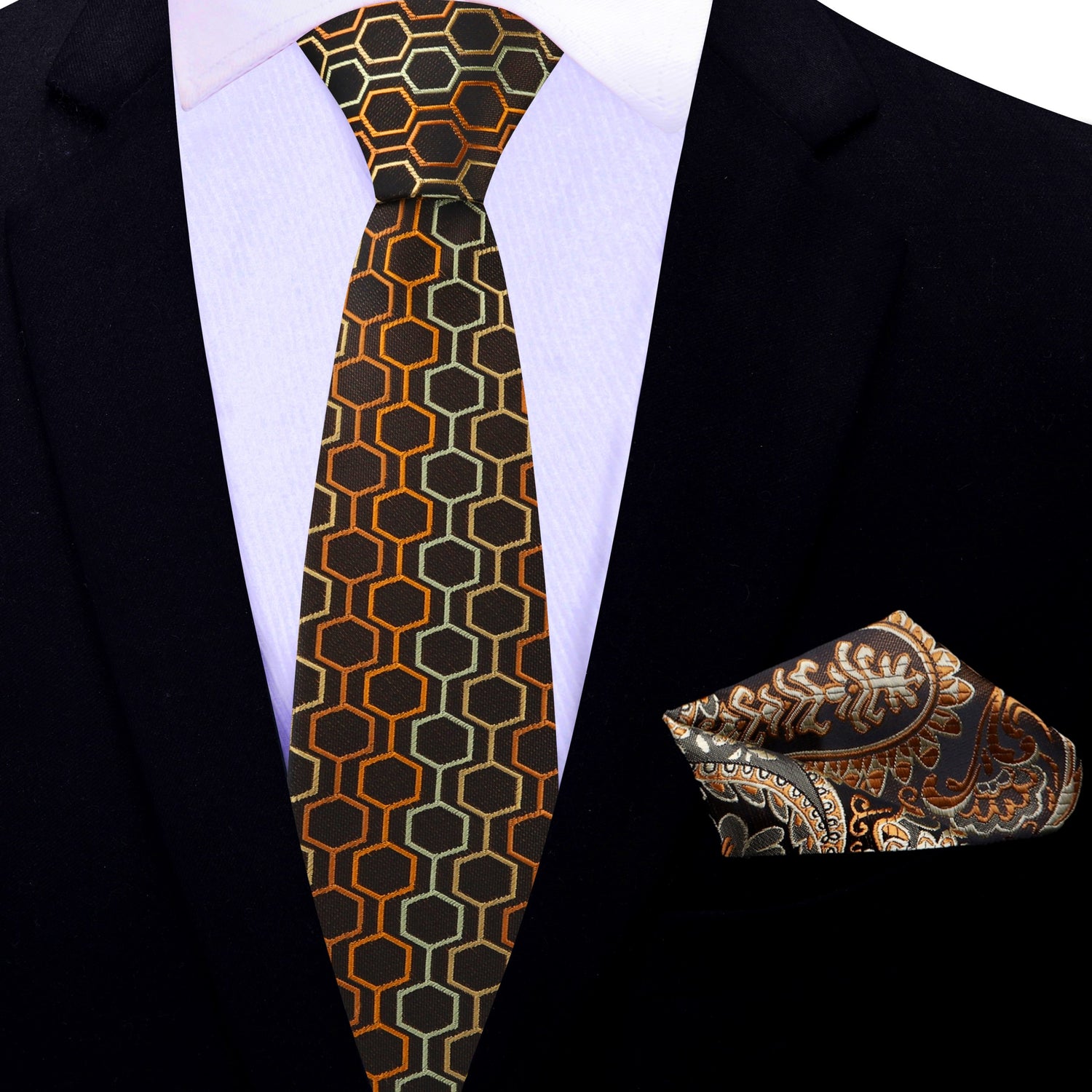 Thin Tie: Shades of Brown Geometric Necktie and Brown Paisley Square
