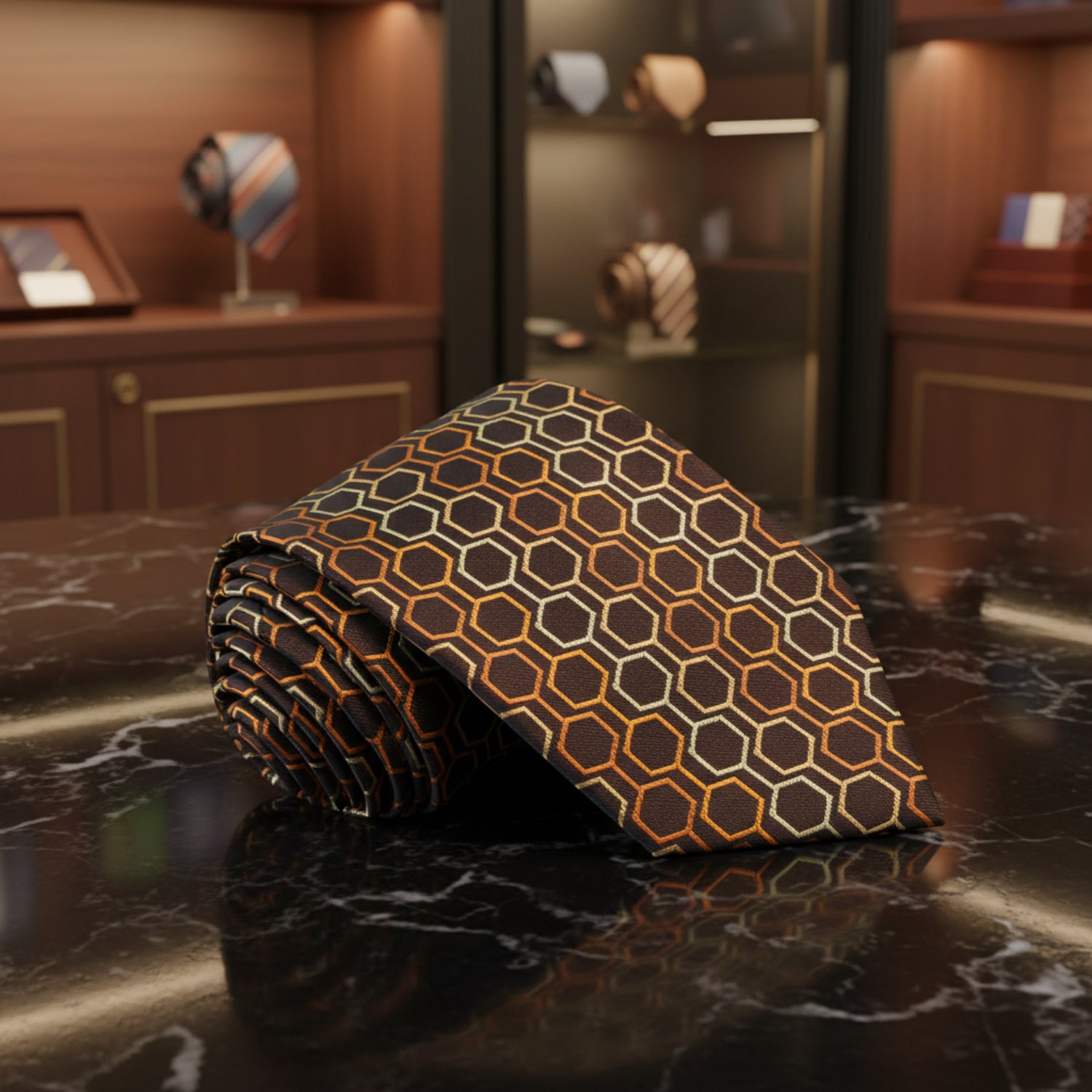 A rolled necktie with a repeating geometric hexagon pattern in orange, olive green, and cream on a black background, 