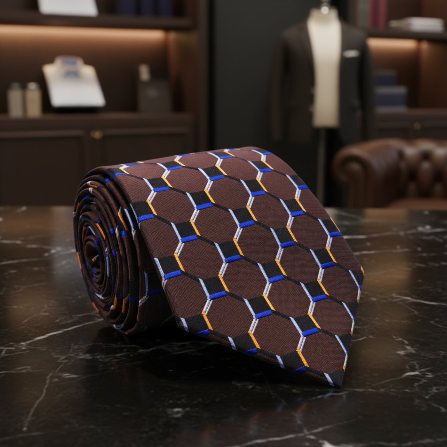 A rolled necktie featuring a geometric honeycomb pattern in dark brown, black, blue, orange, and white  