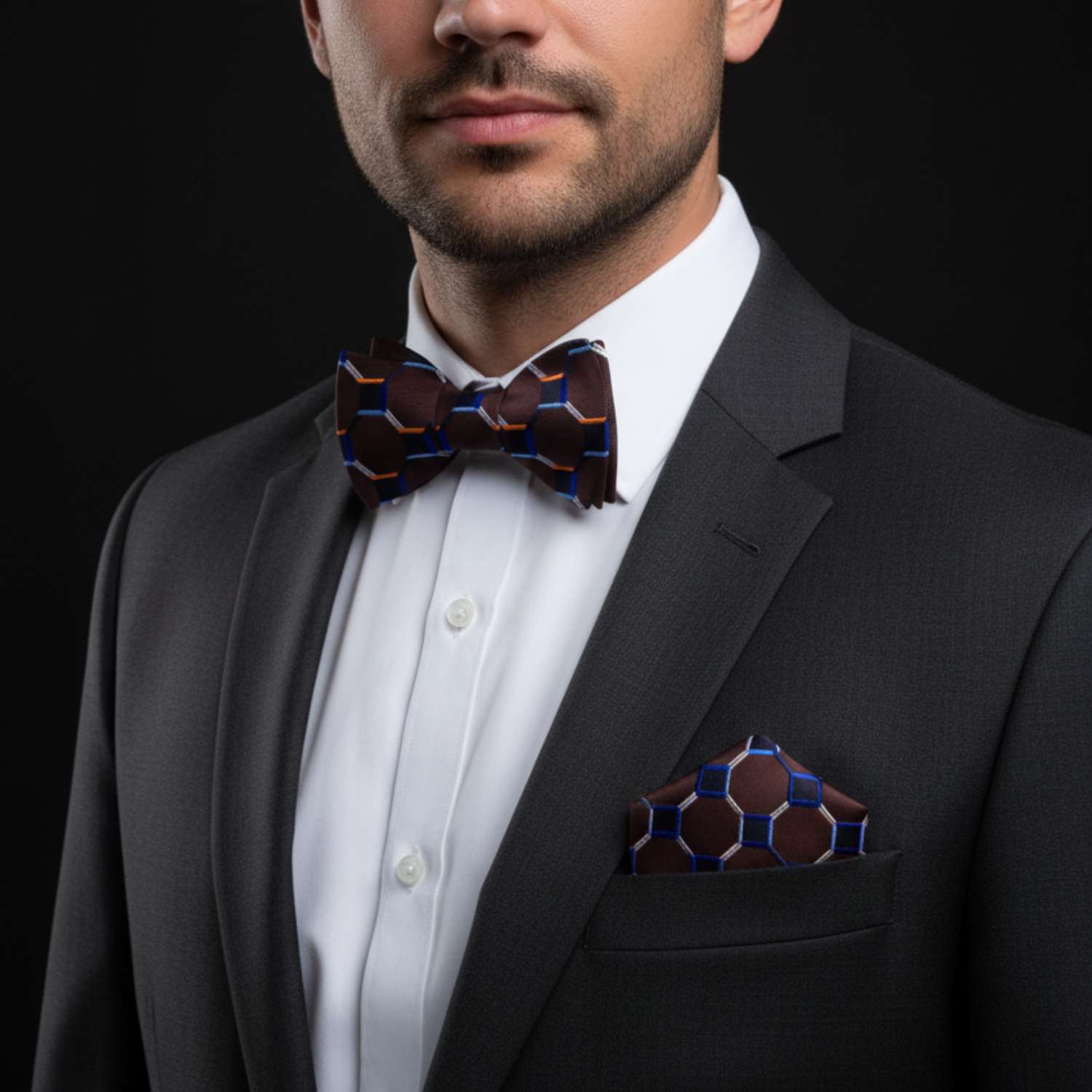 Brown Geometric Tie and Square on man