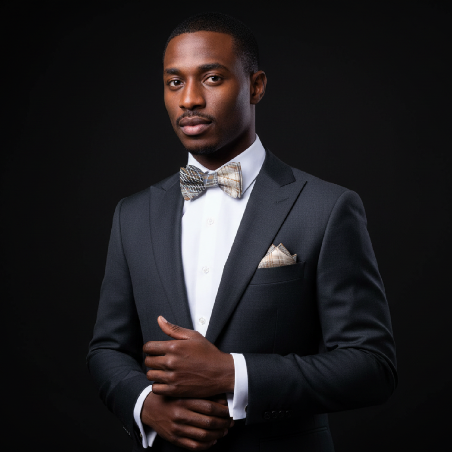 Man in a black suit with a bow tie against a black background