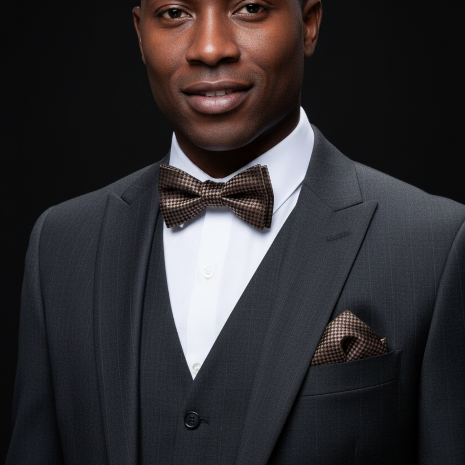 Brown small check bow tie and square on man