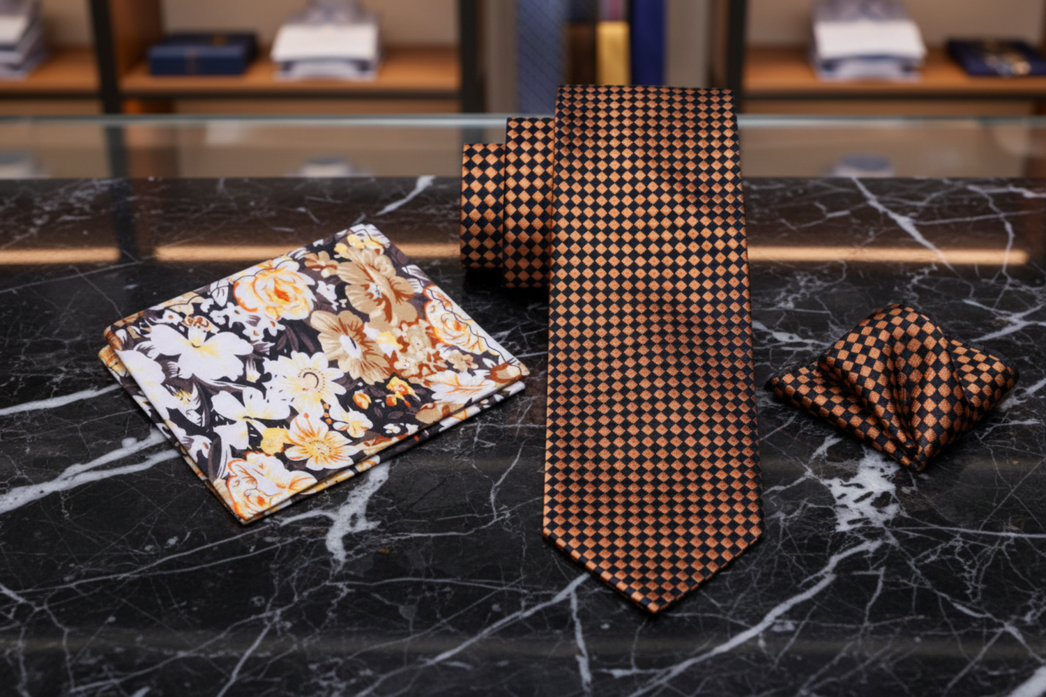 Alt Brown Black Squares Necktie and Accenting Floral Square