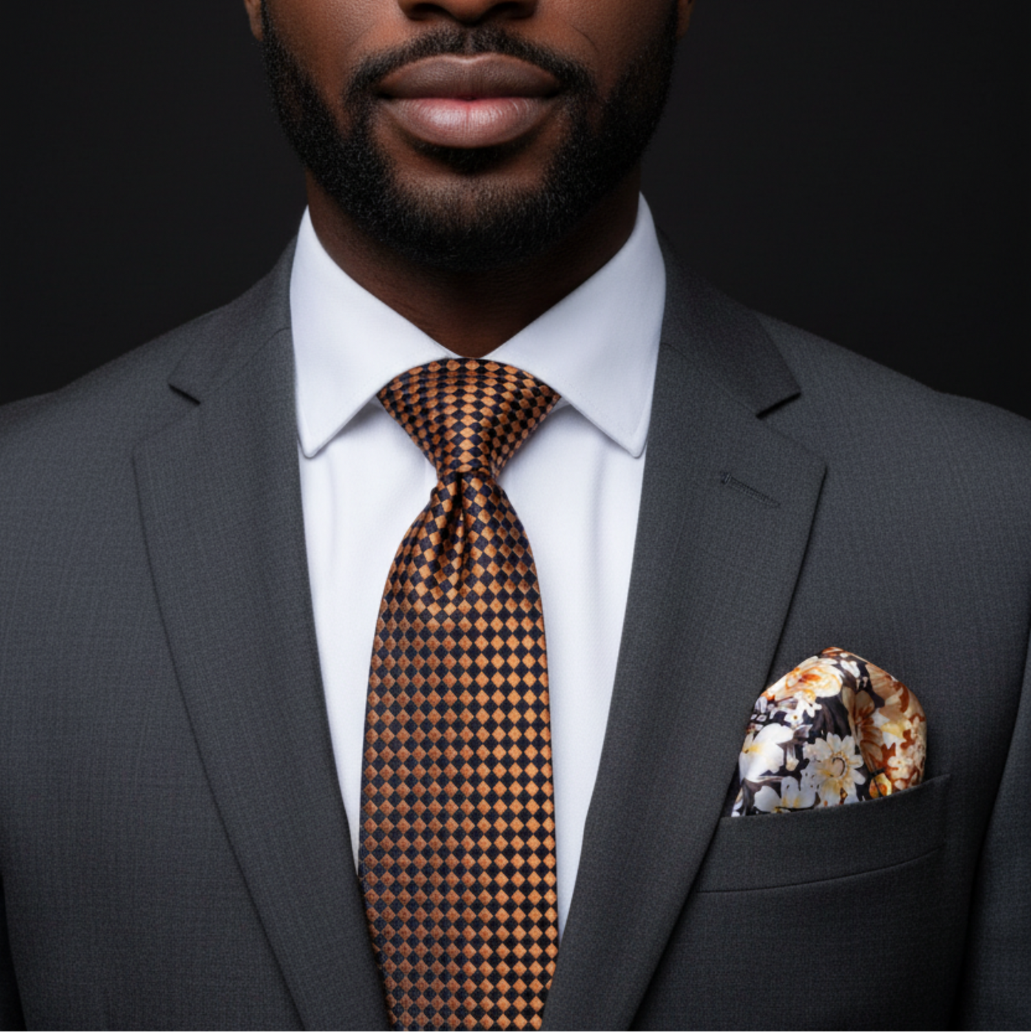 Man wearing a gray suit with a patterned tie and pocket square on a black background