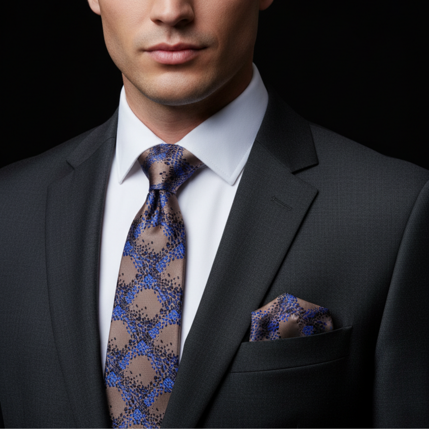 Man wearing a dark suit with a patterned tie and pocket square against a black background