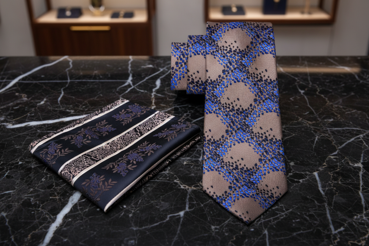 Brown Black Blue Cubes Necktie and Accenting Square  2
