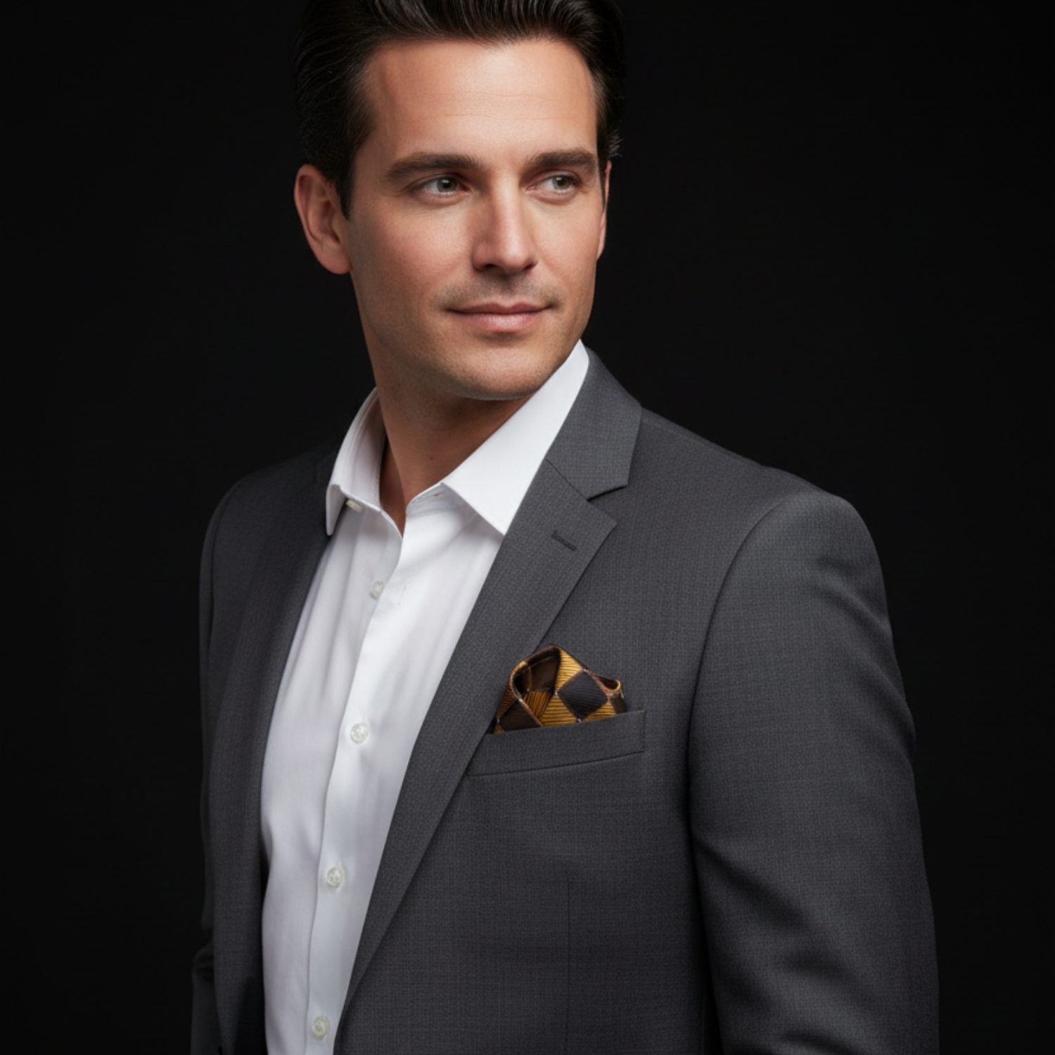 Man wearing grey suit with brown and gold geometric pocket square