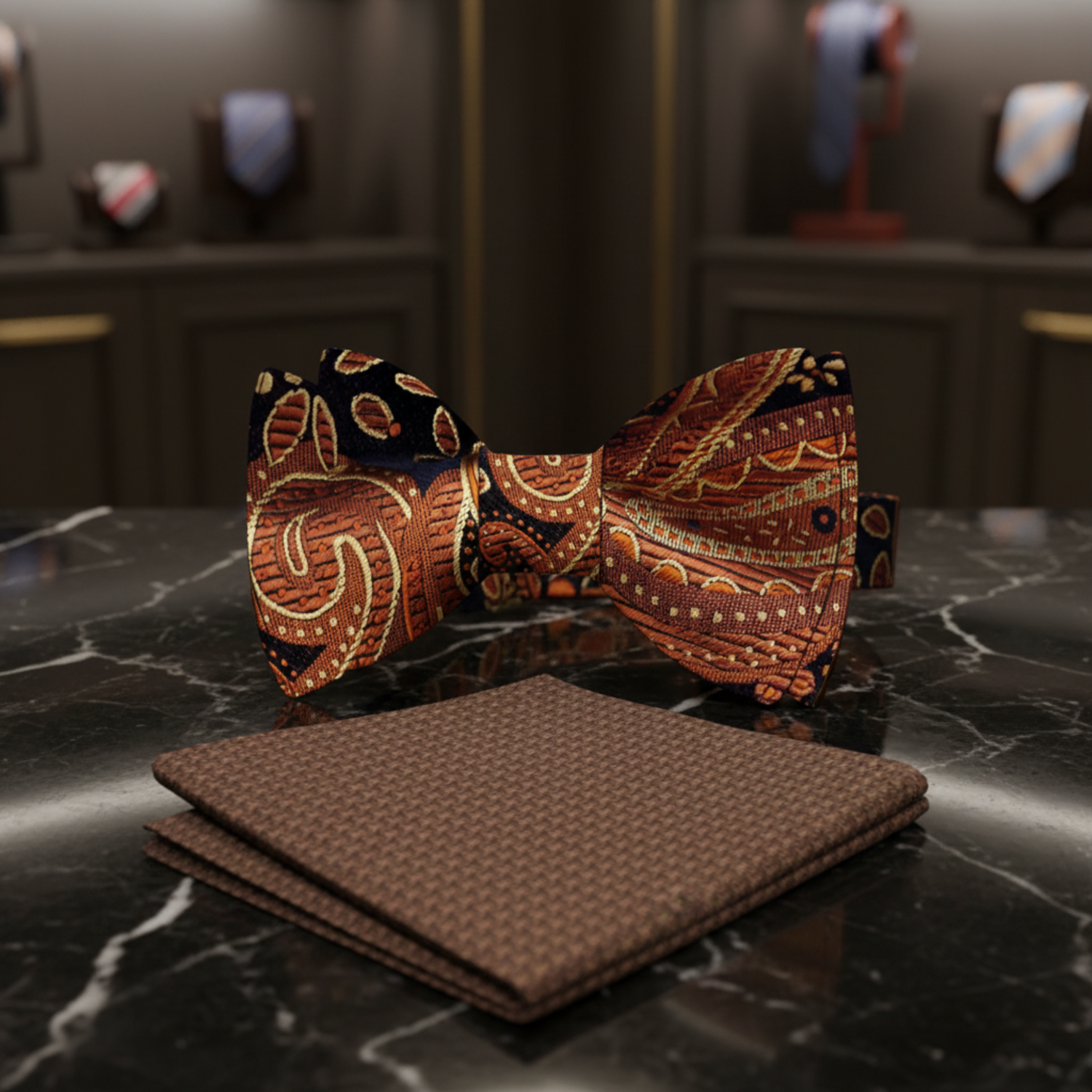 Main: Shades of Brown Paisley Bow Tie and Brown Square