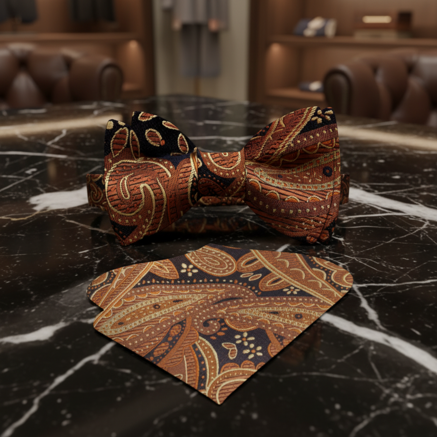 Main: Shades of Brown Paisley Bow Tie and Matching Square