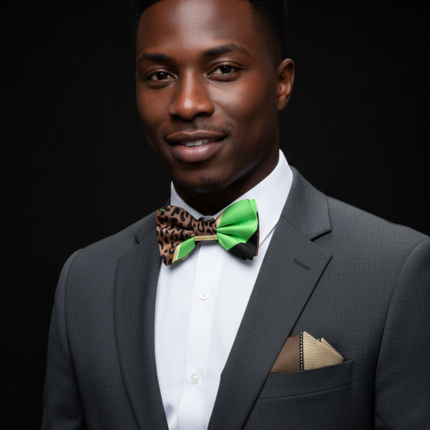 Colorful bow tie with leopard print and green accents on a white shirt, with a brown and beige pocket square below.