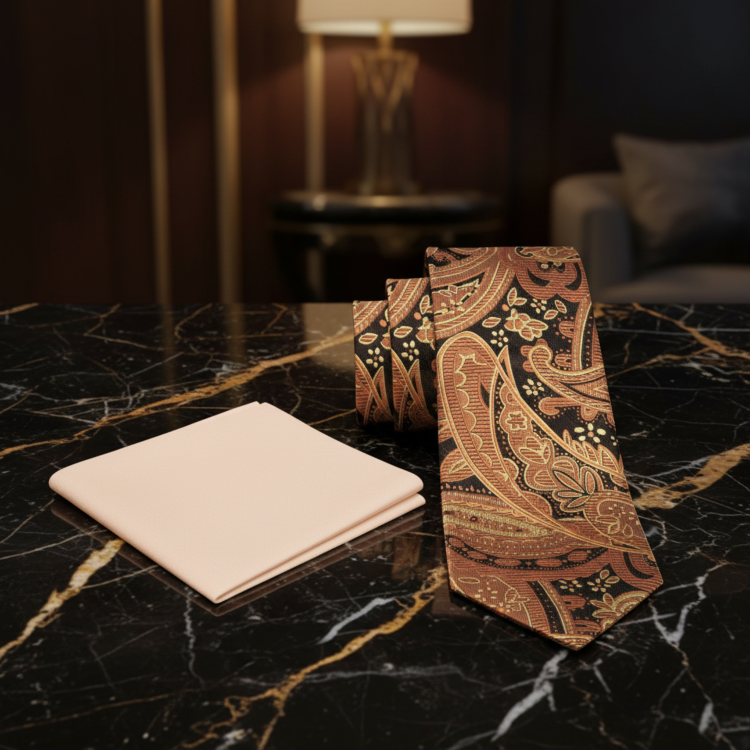 Brown Black Paisley Necktie and Beige Square 
