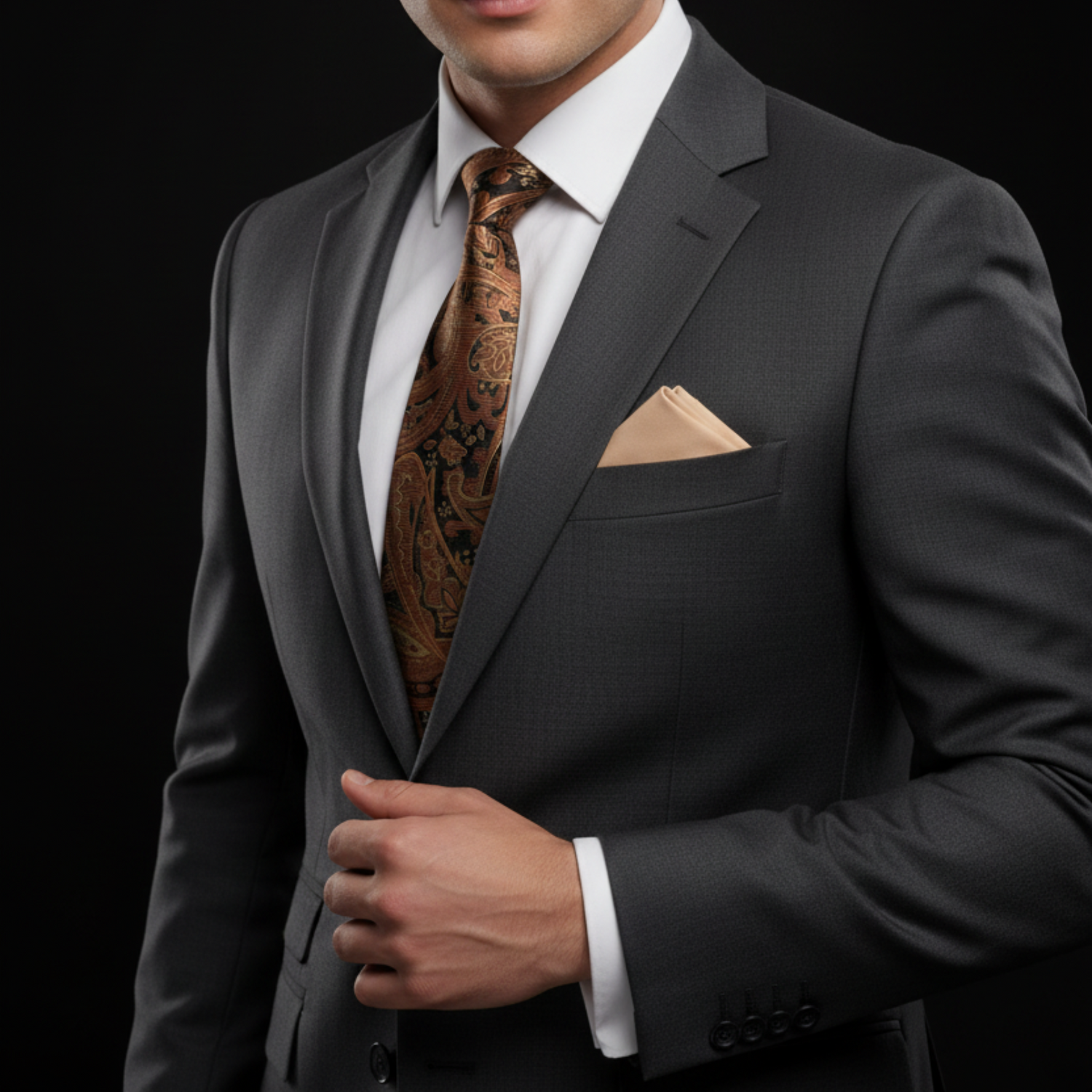 Man wearing a gray suit with a patterned tie and pocket square on a black background