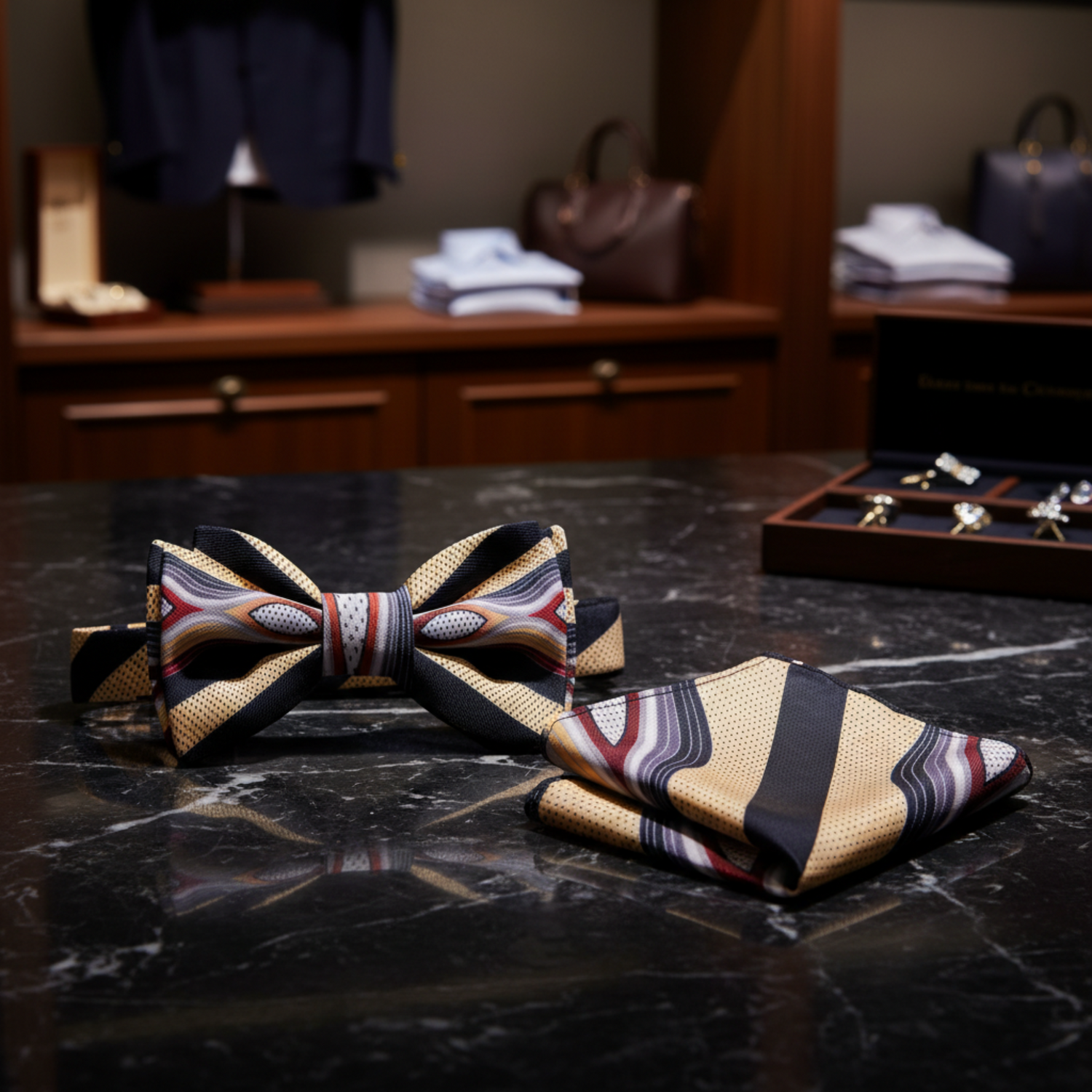 Main: Red, Black, Light Grey Abstract Bow Tie and Pocket Square||Light Brown