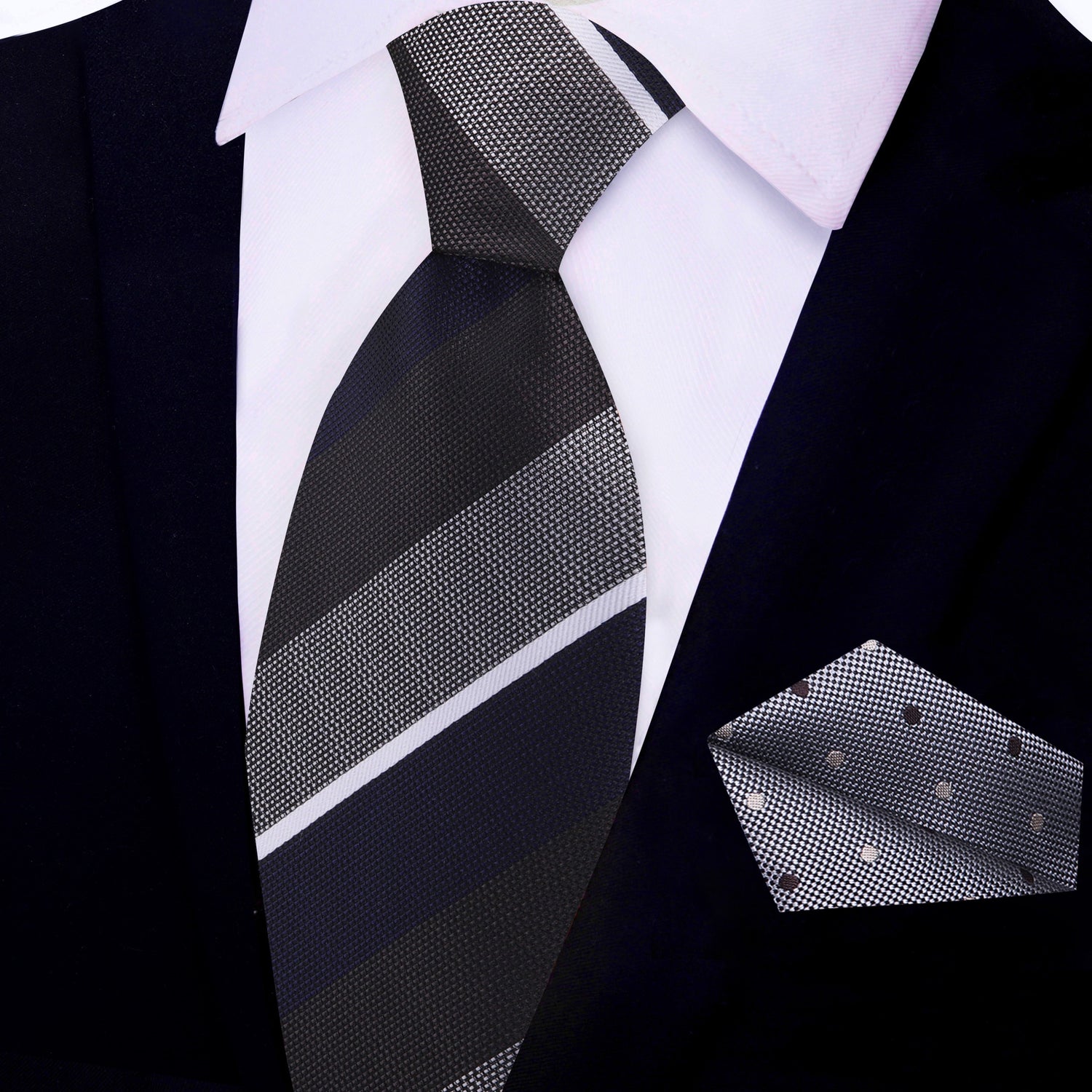 Navy Blue, Olive Brown, Grey & White Stripe Necktie