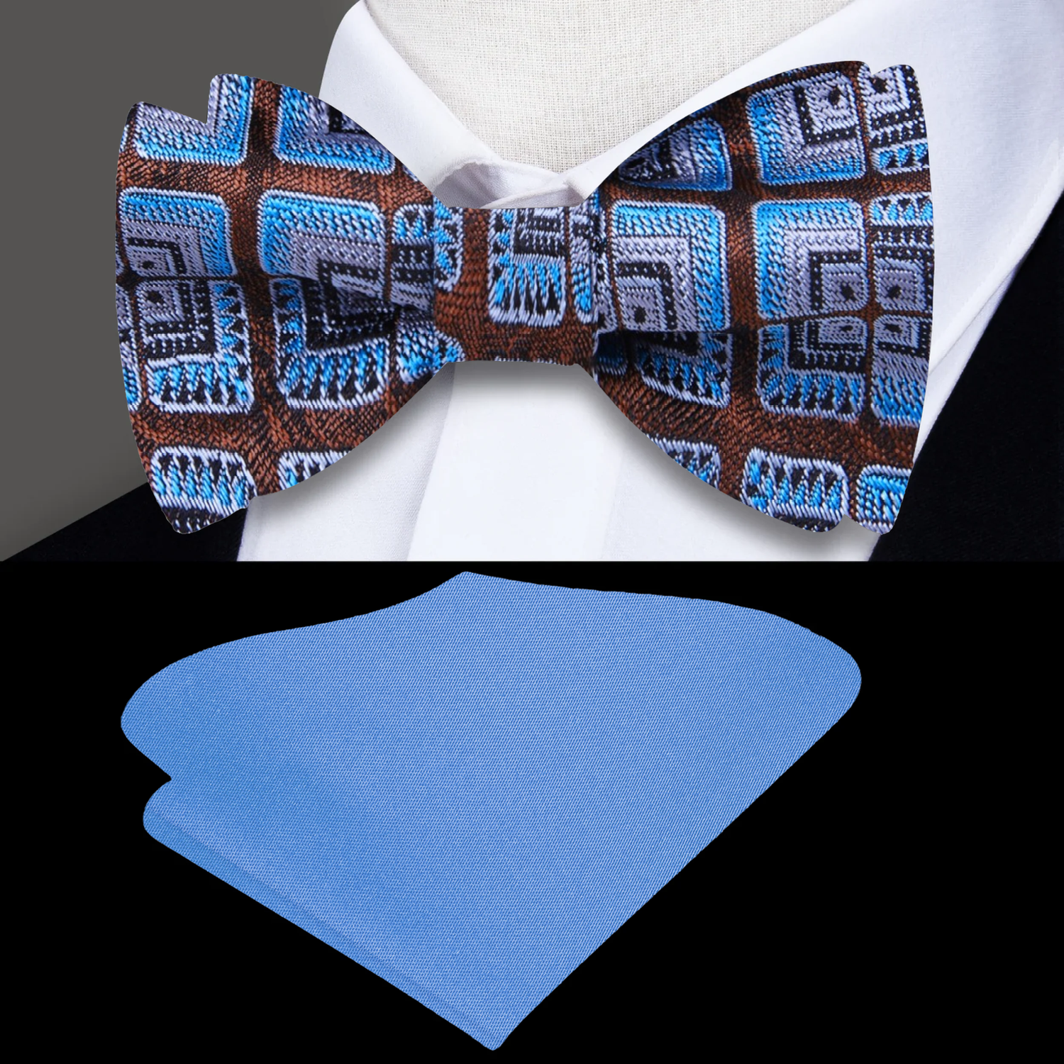 A Blue, Brown Geometric Floral Pattern Bow Tie, With Blue Pocket Square