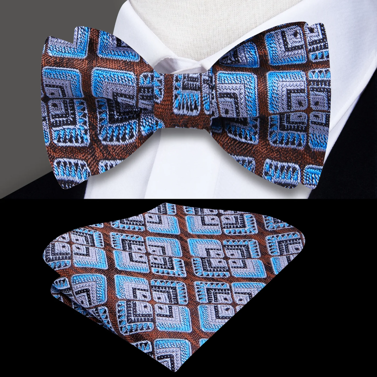 A Blue, Brown Geometric Floral Pattern Bow Tie, With Matching Pocket Square