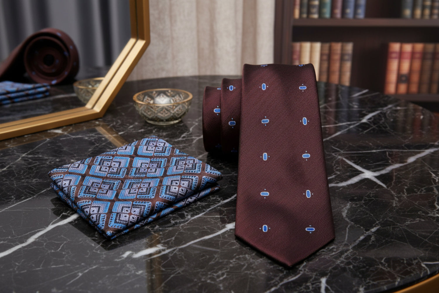 Alt View: Brown Blue Oval Necktie with Brown Lotus Square