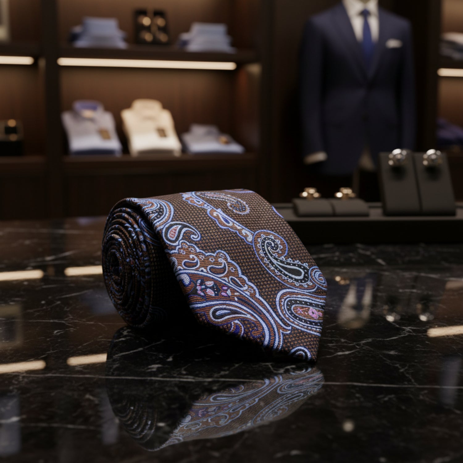 Brown, Light Blue & Pink Paisley Necktie | Classic Color Balance
