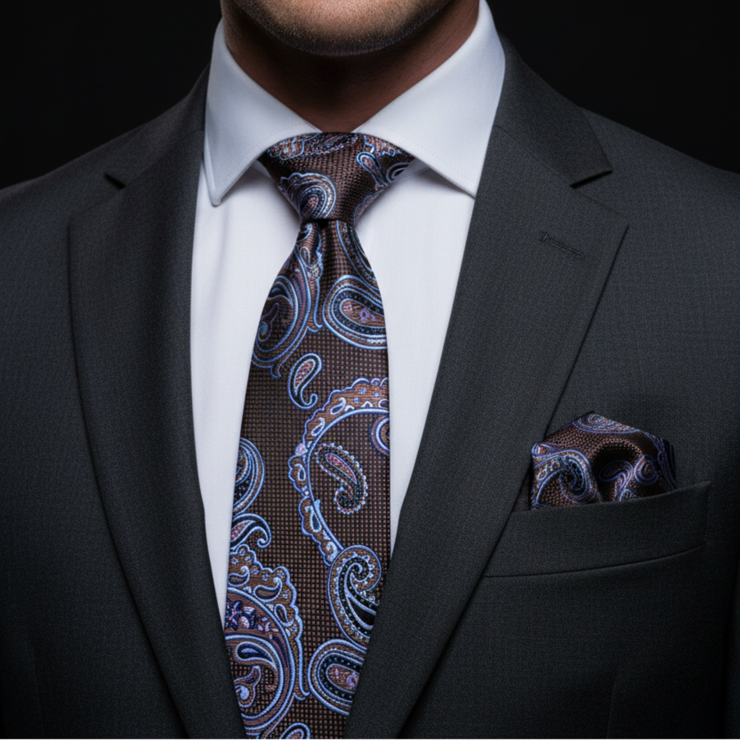 Man wearing a dark suit with a patterned tie and pocket square.