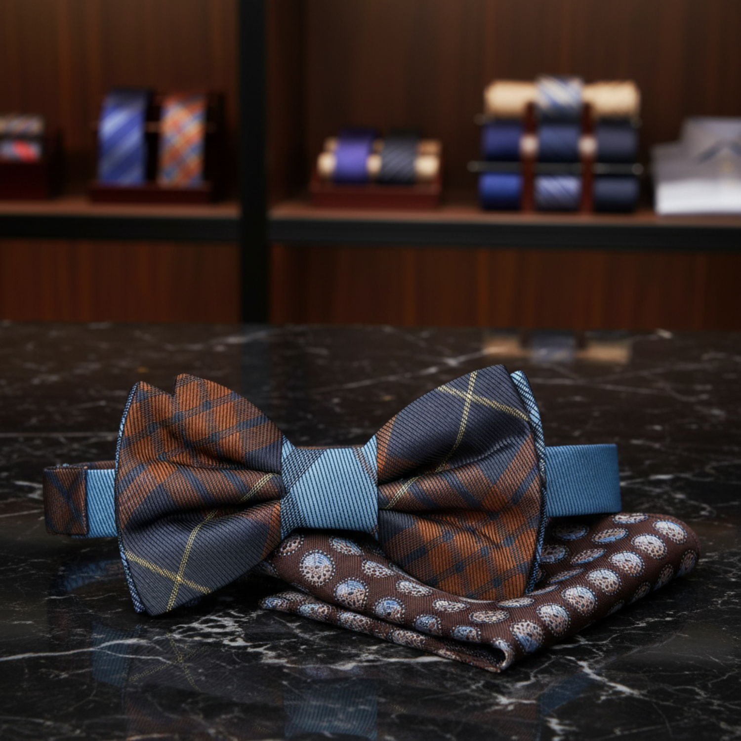 Brown, Blue Plaid Bow Tie with Brown Geometric Square