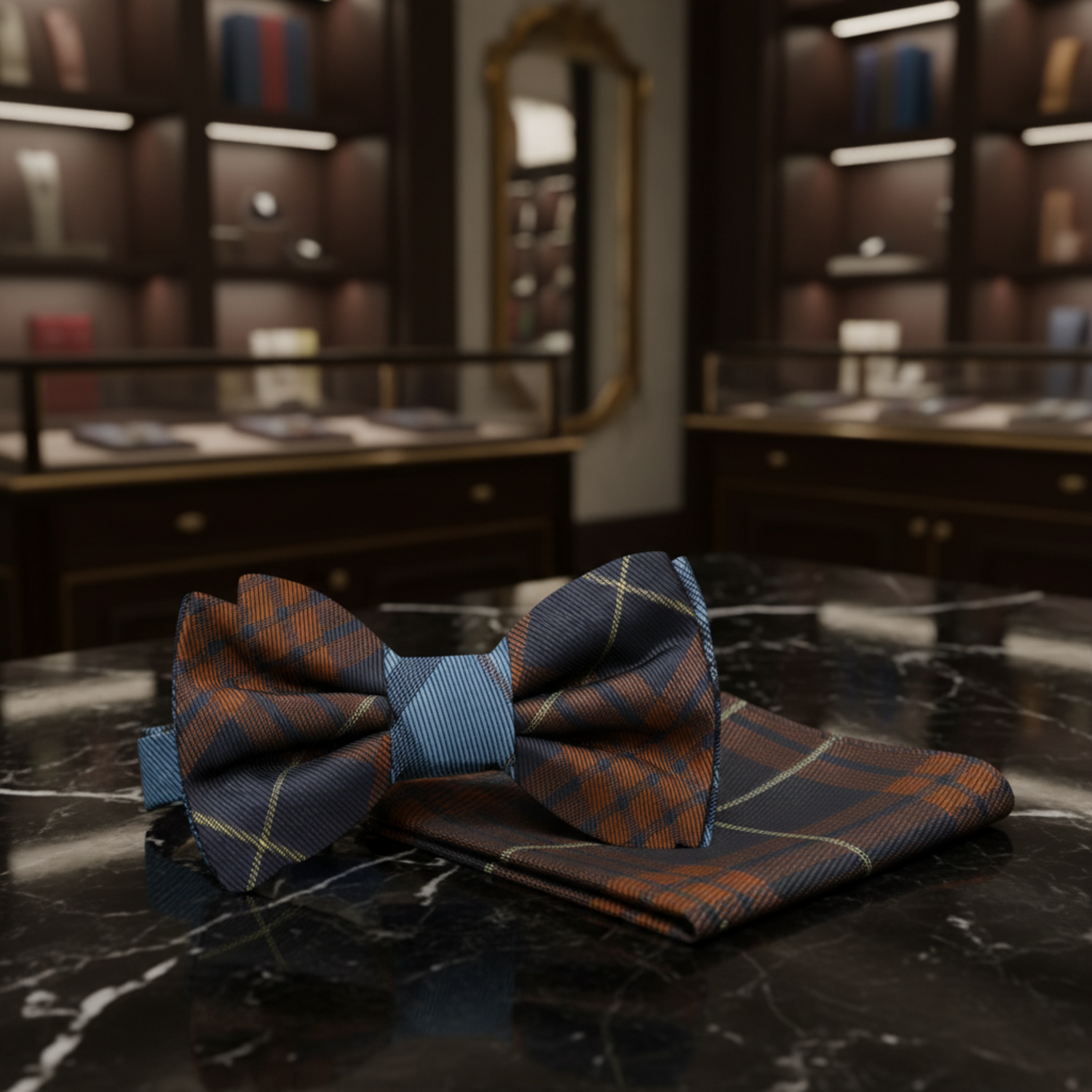 Brown, Blue Plaid Bow Tie with  Square