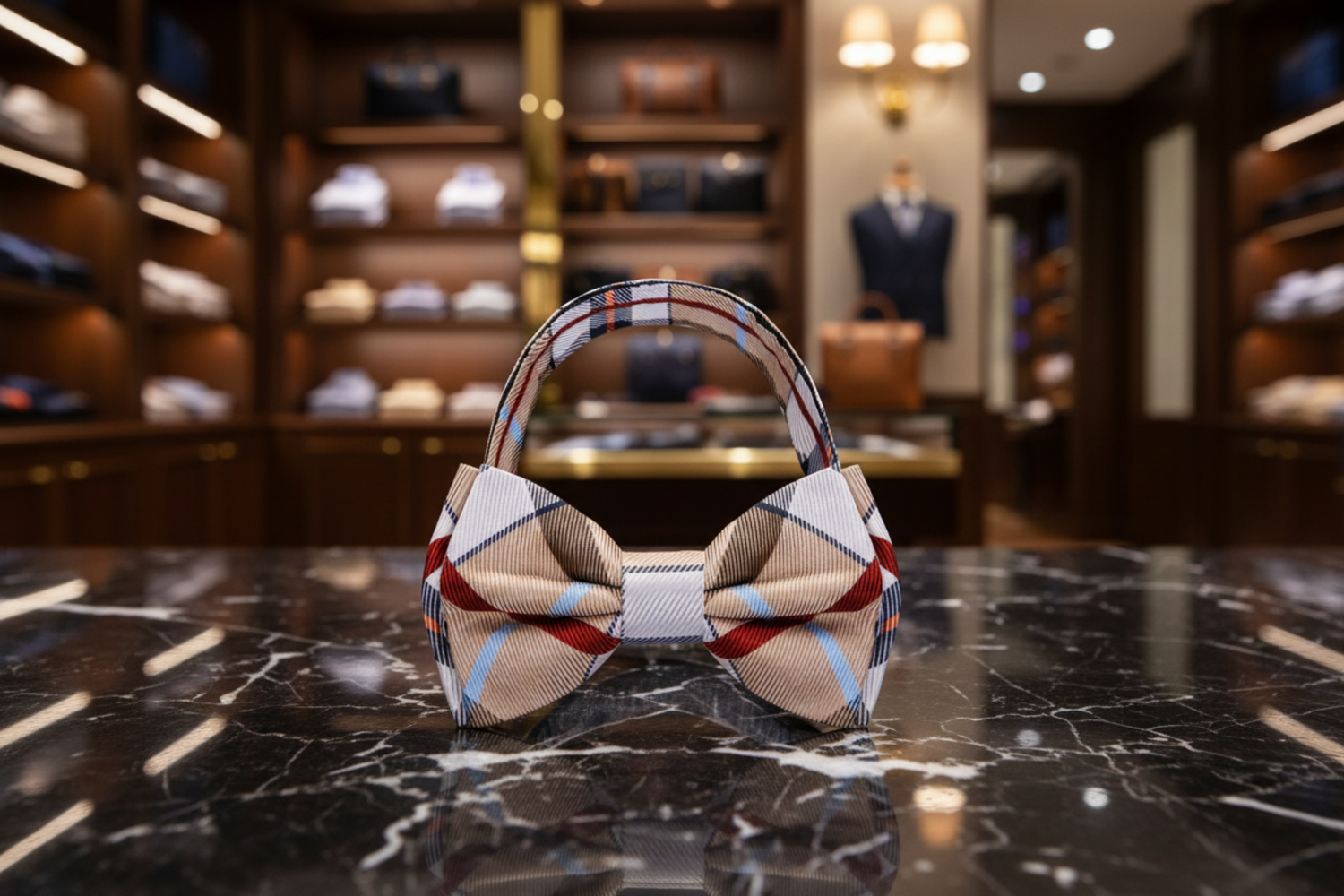 A plaid bow tie with brown, red, and blue colors laid out on a grey surface.