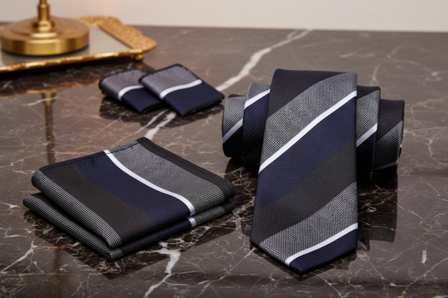 Alt: Brown White Blue Block Stripe Tie and Square
