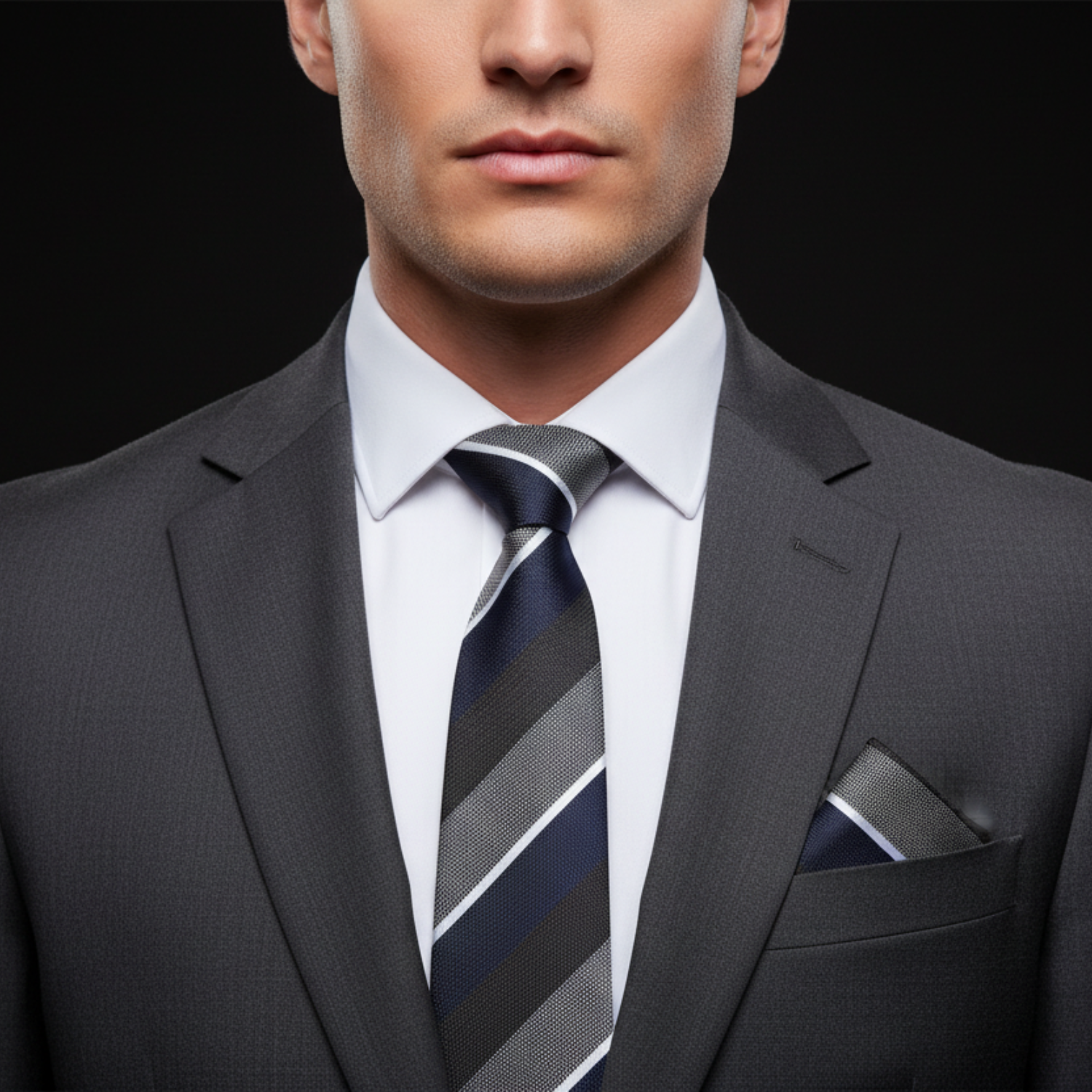 Grey, Blue and White Stripe Tie and matching Square on man
