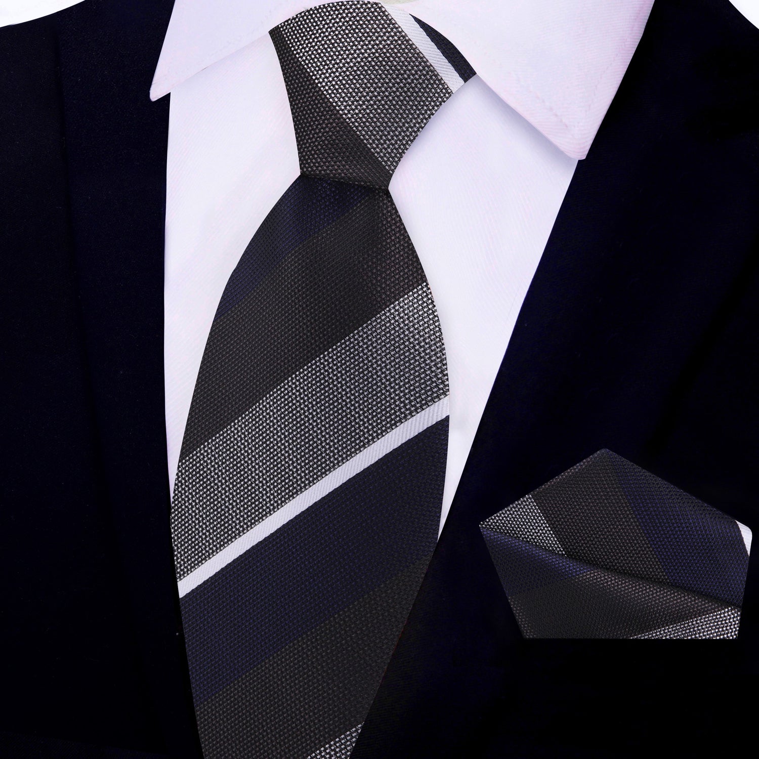 Main: Brown White Blue Block Stripe Tie and Square