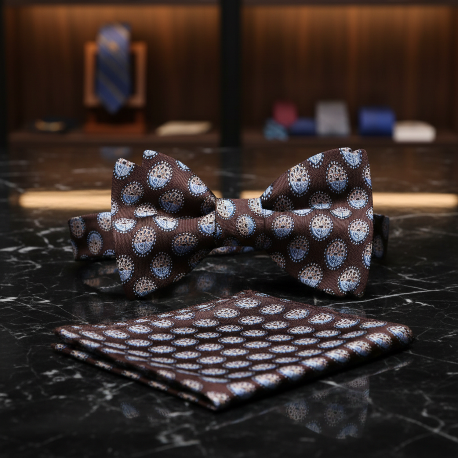 Main View: A Brown Polka Pattern Self Tie Bow Tie, Matching Pocket Square