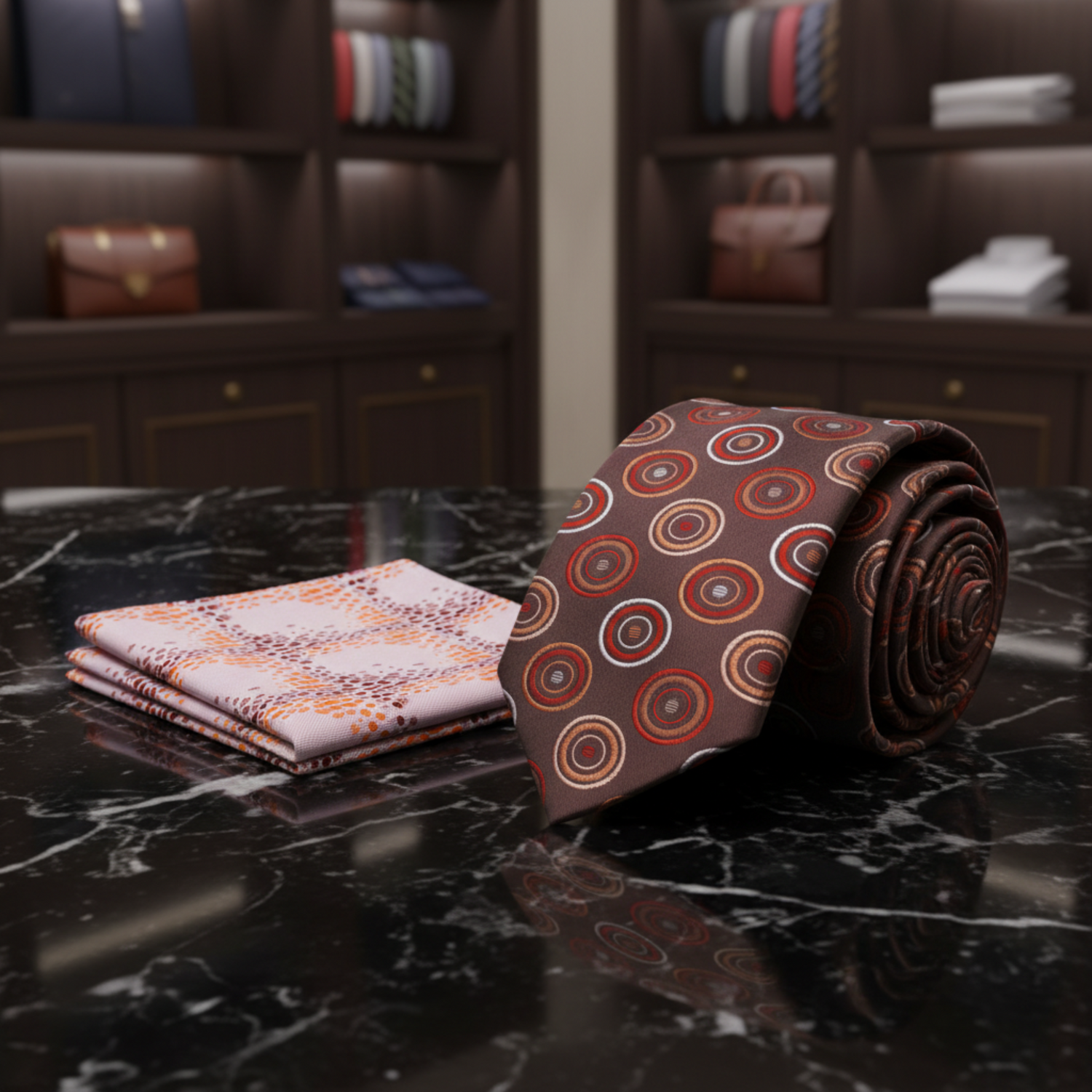 Alt Brown Circles Necktie and Accenting Square