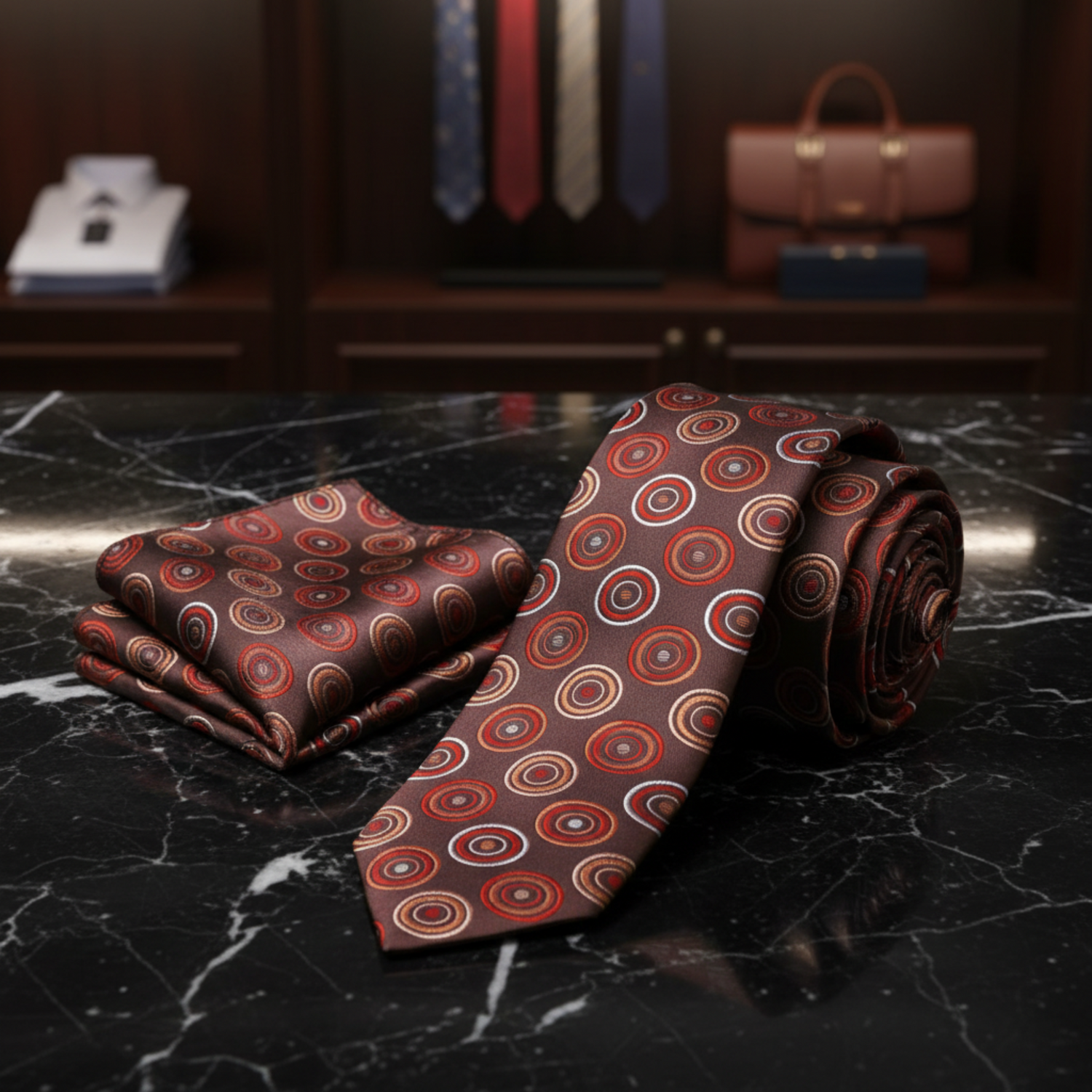 Alt Brown Circles Necktie and Square