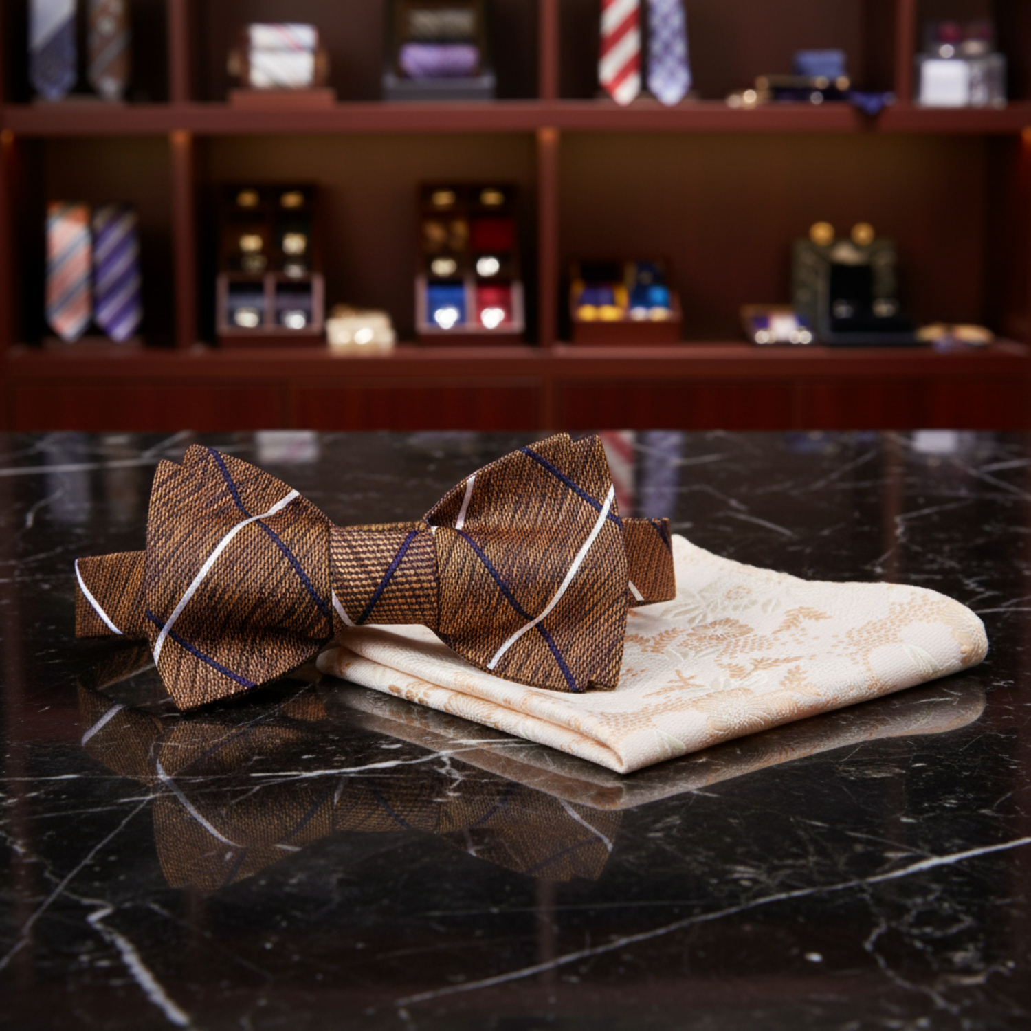 Brown Plaid Bow Tie and Accenting Light Brown Floral Square