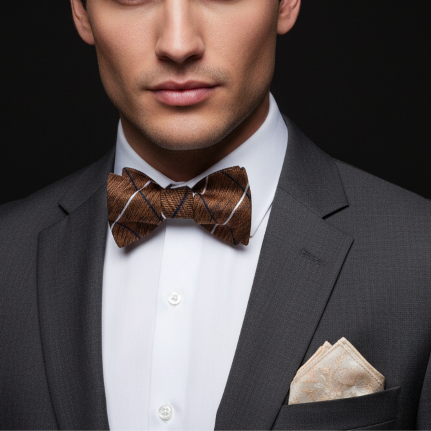 brown plaid bow tie and accenting floral square on man with suit