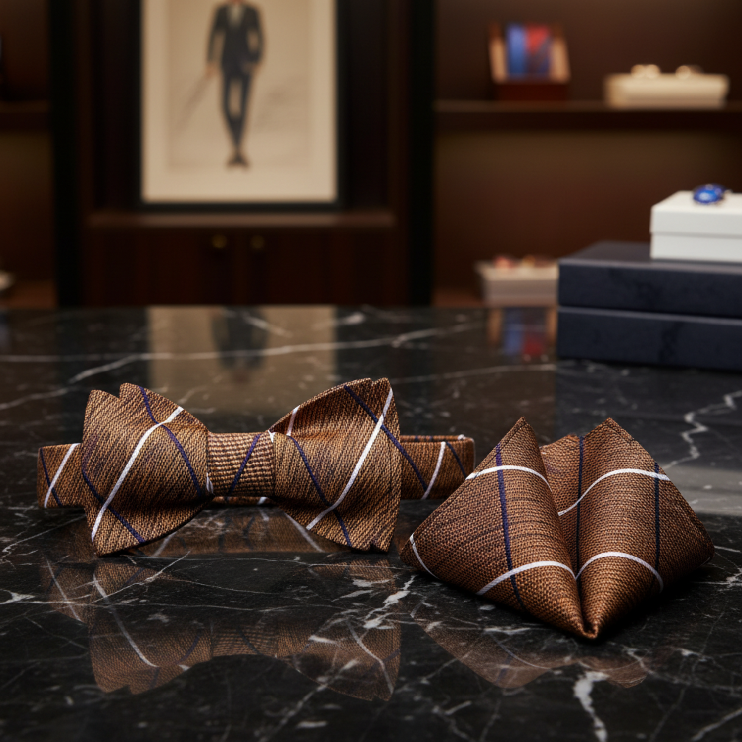 Brown Plaid Bow Tie and Square