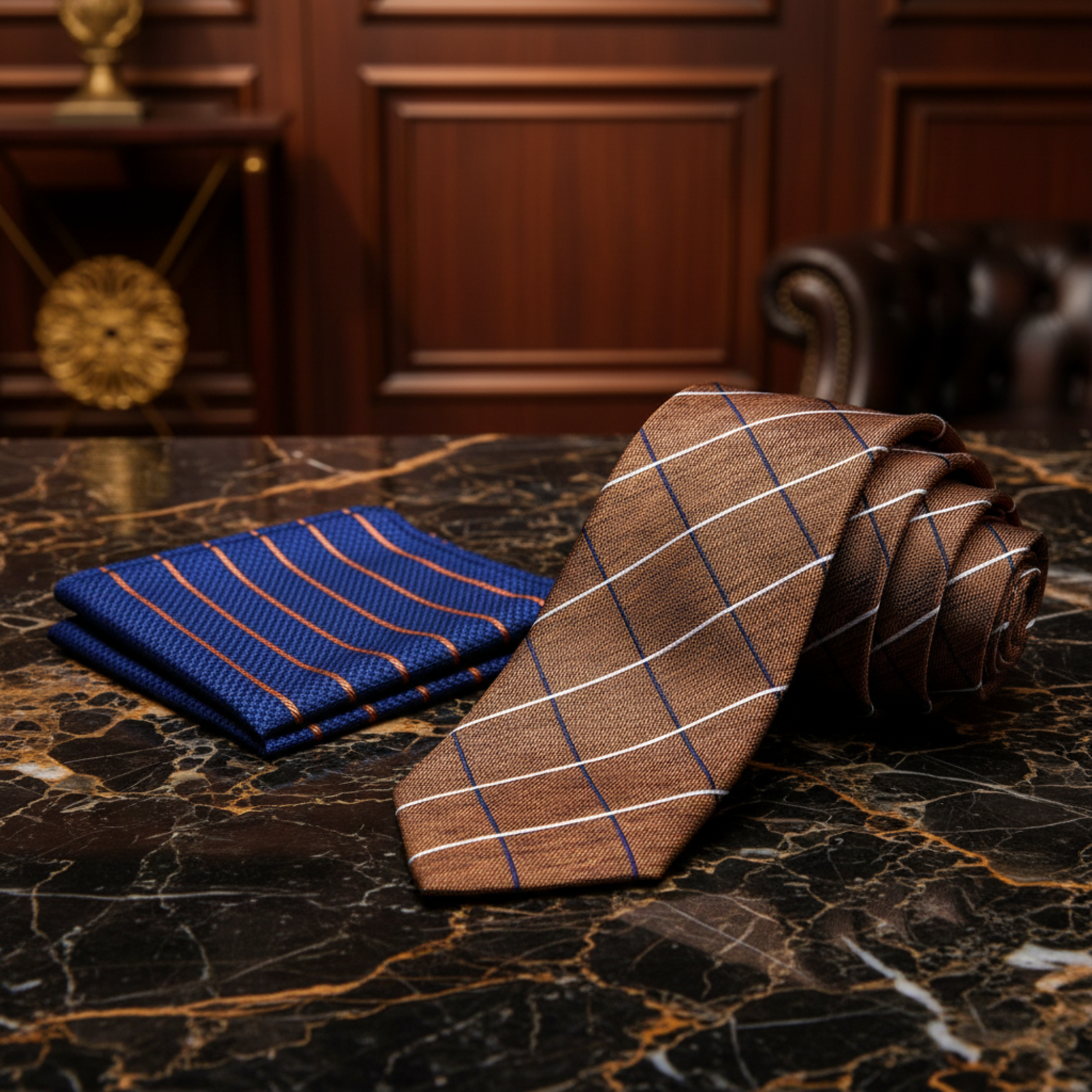 Alt: Brown Classic Man Plaid Necktie and Accenting Square