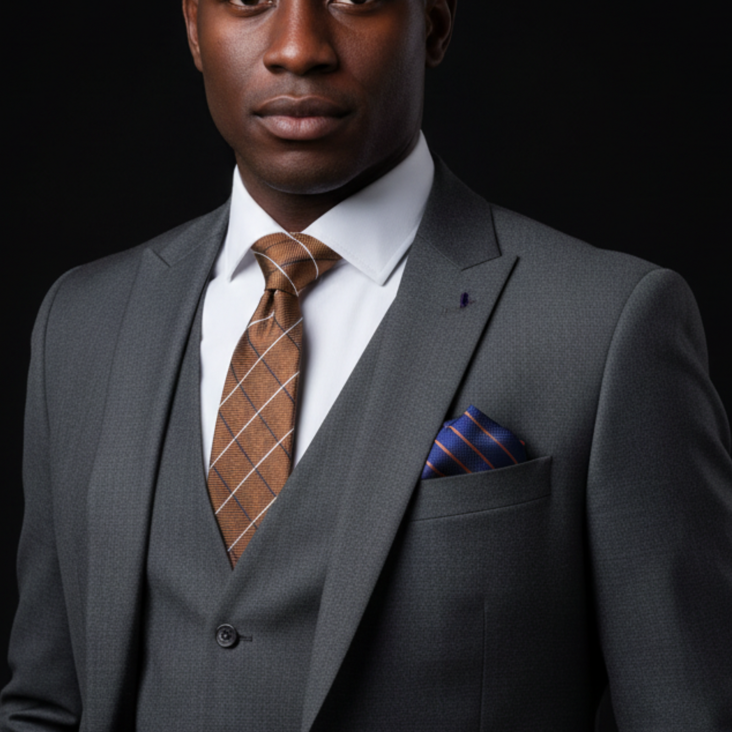 Man wearing a gray suit with a brown tie and blue pocket square on a black background