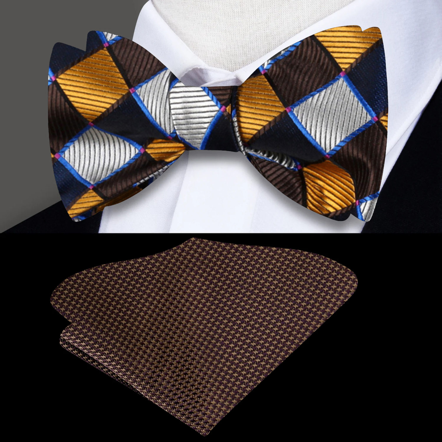A bow tie with a geometric diamonds pattern in brown, black, and gold colors, displayed on a white background. A matching pocket square is also shown.