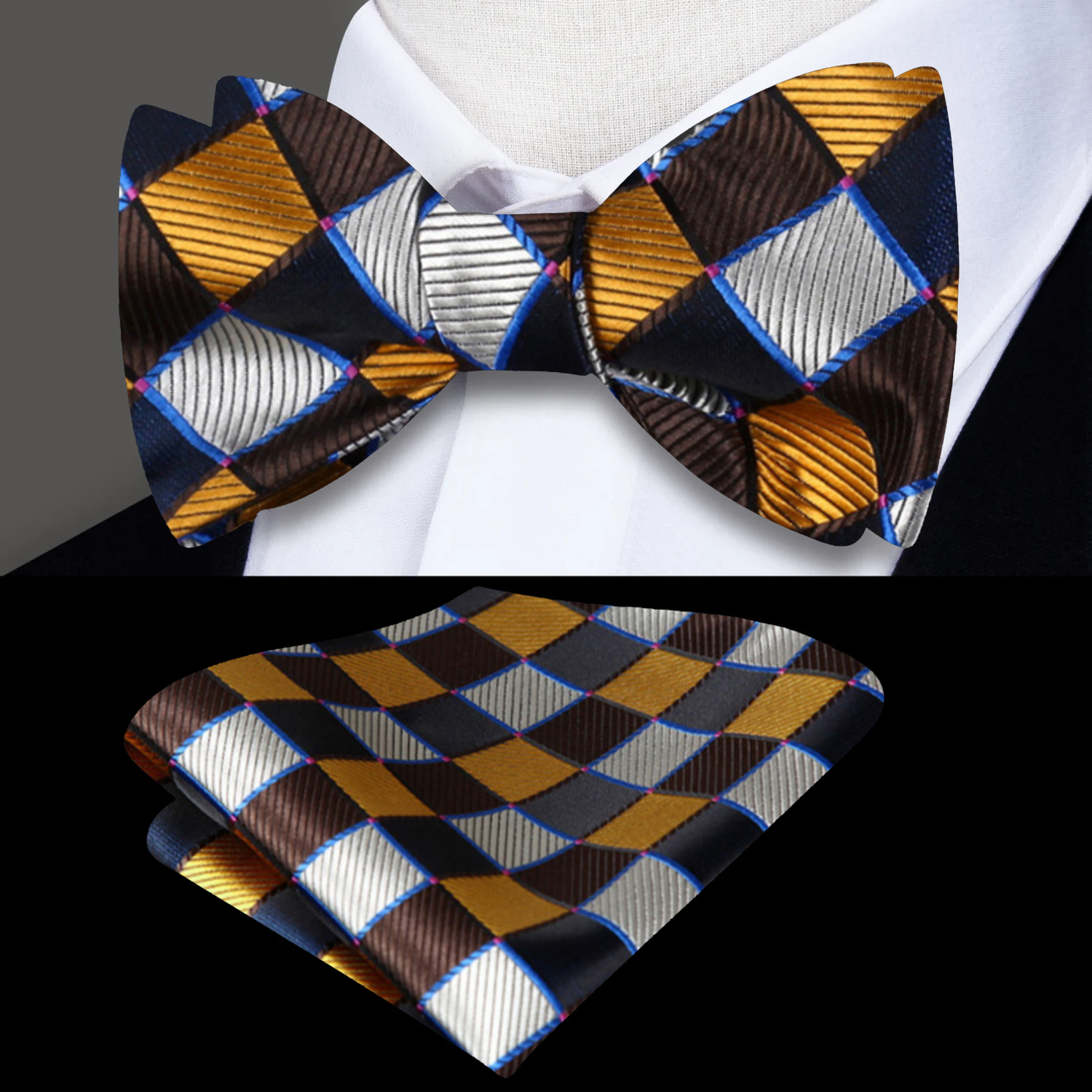 A bow tie with a geometric diamonds pattern in brown, black, and gold colors, displayed on a white background. A matching pocket square is also shown.
