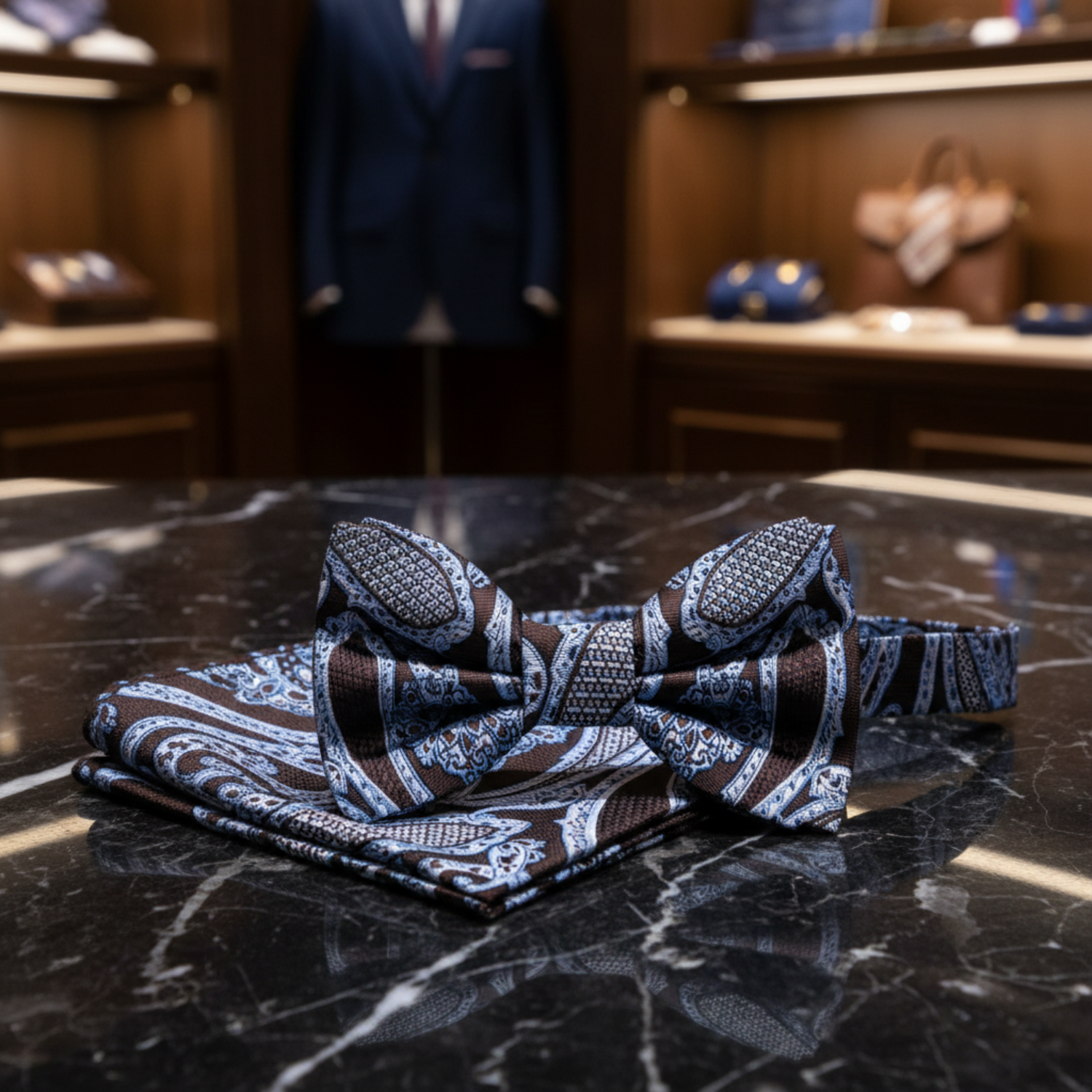 A Brown, White, Ice Blue Detailed Paisley Pattern  Pre Tied Bow Tie, Matching Pocket Square