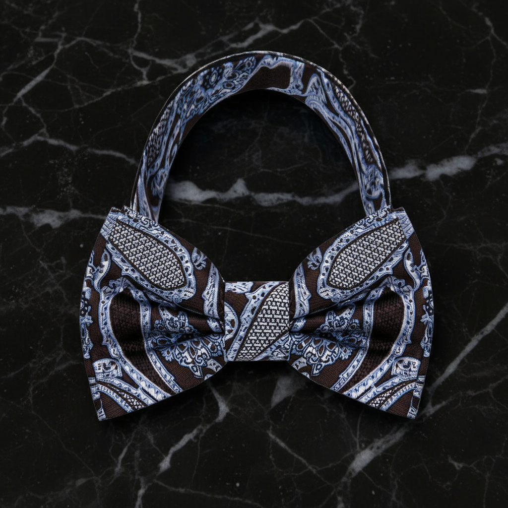 Single A Brown, White, Ice Blue Detailed Paisley Pattern Pre Tied Bow Tie