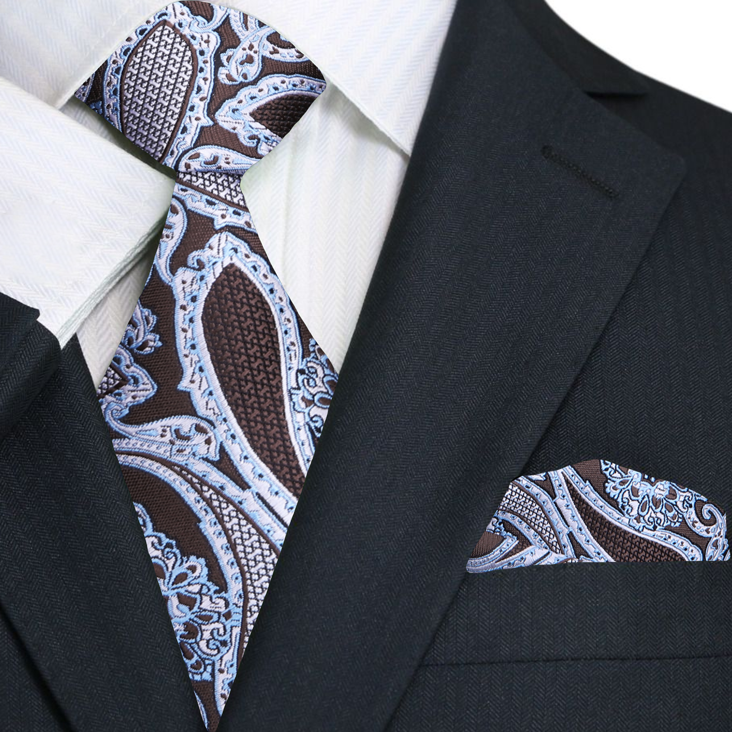 A Brown, Ice Blue, White Paisley Pattern Necktie, With Matching Pocket Square