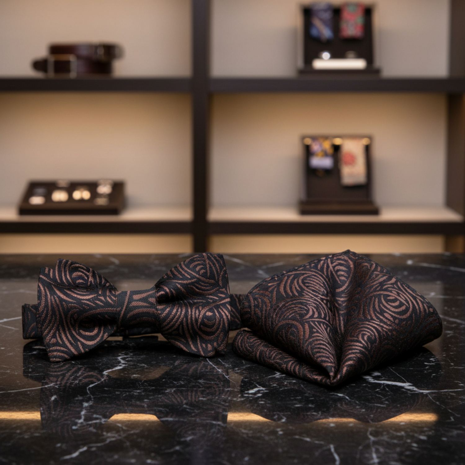 A Brown Abstract Swirls Silk Self Tie Bow Tie, Matching Pocket Square