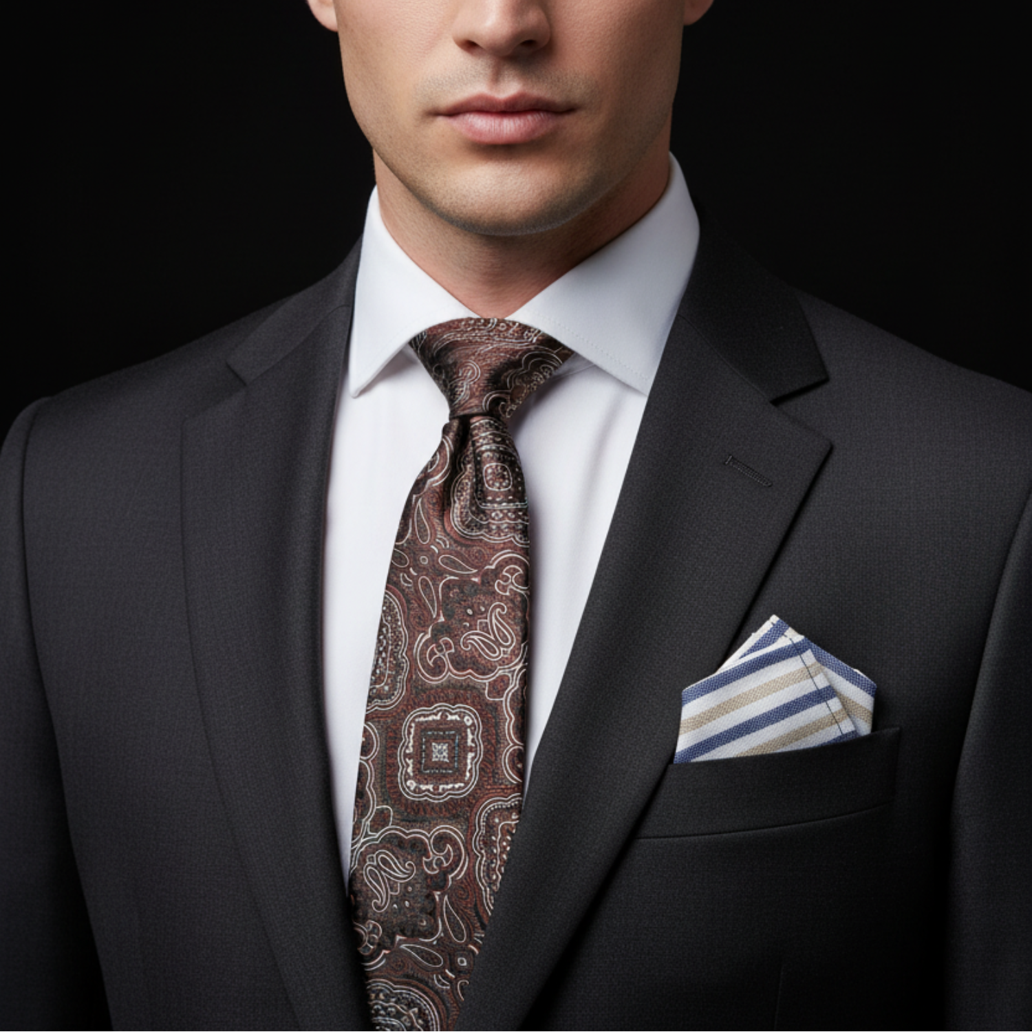 A close-up of a man wearing a dark charcoal gray suit, white dress shirt, a brown paisley patterned necktie, and a matching striped pocket square against a black background.
