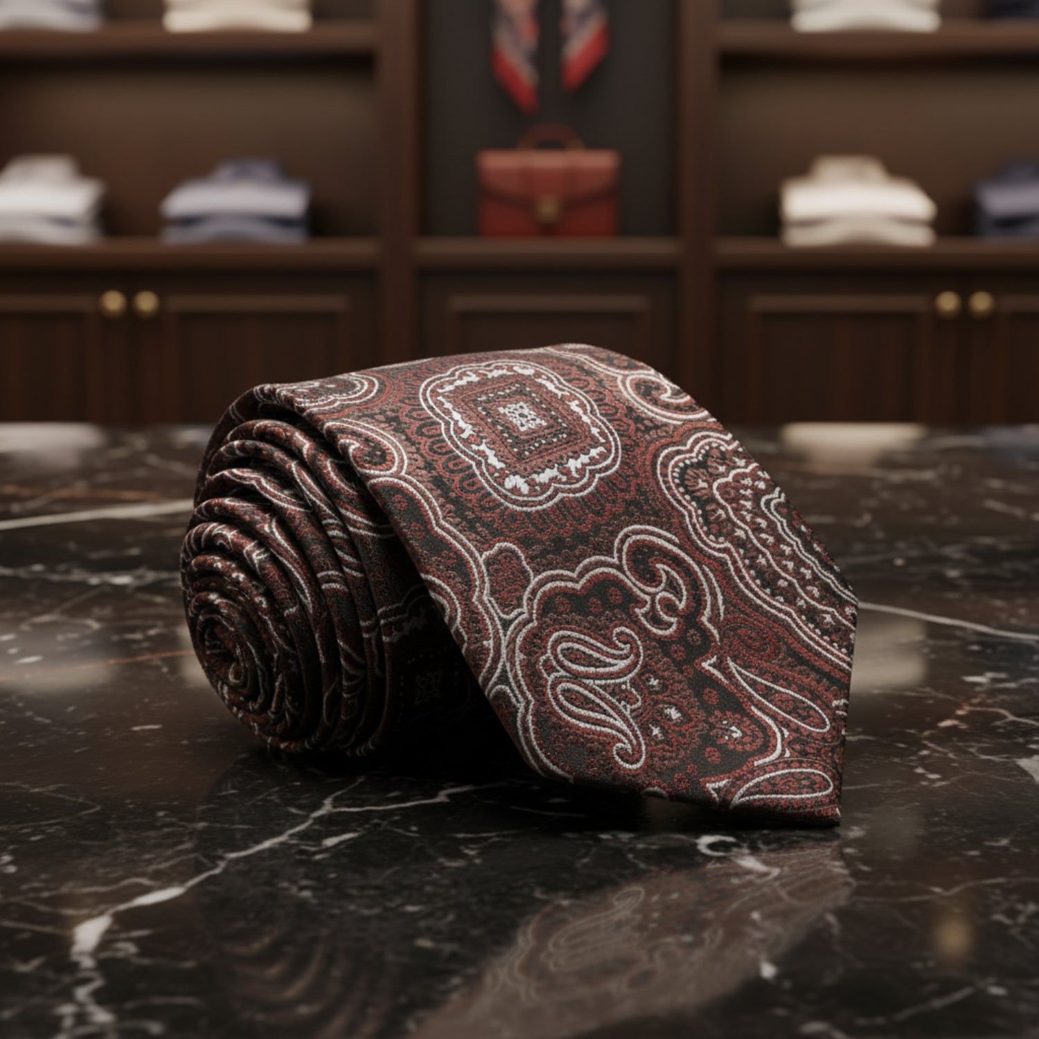 Patterned tie with brown and white design on a luxurious background
