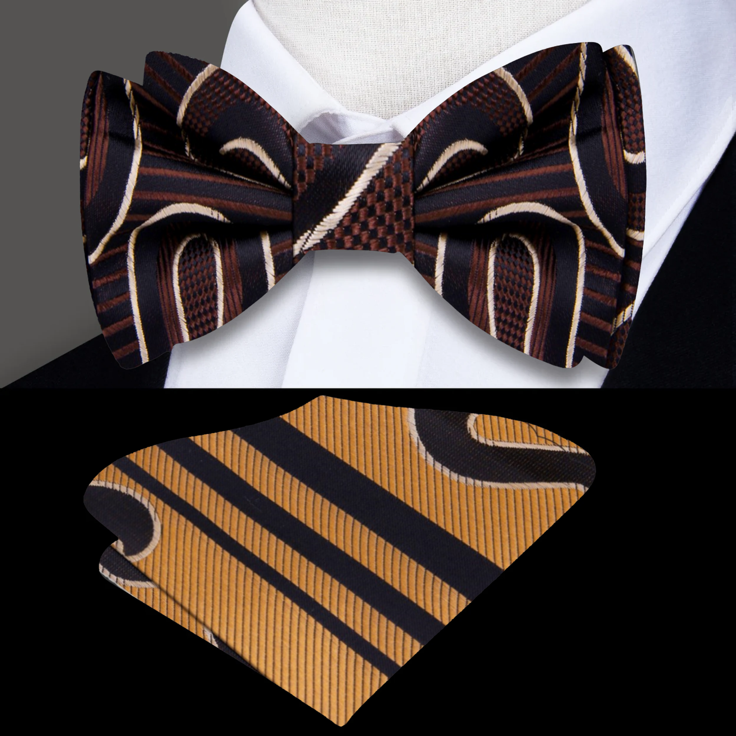 A Black, Gold, Brown Paisley Pattern Self Tie Bow Tie, Matching Pocket Square
