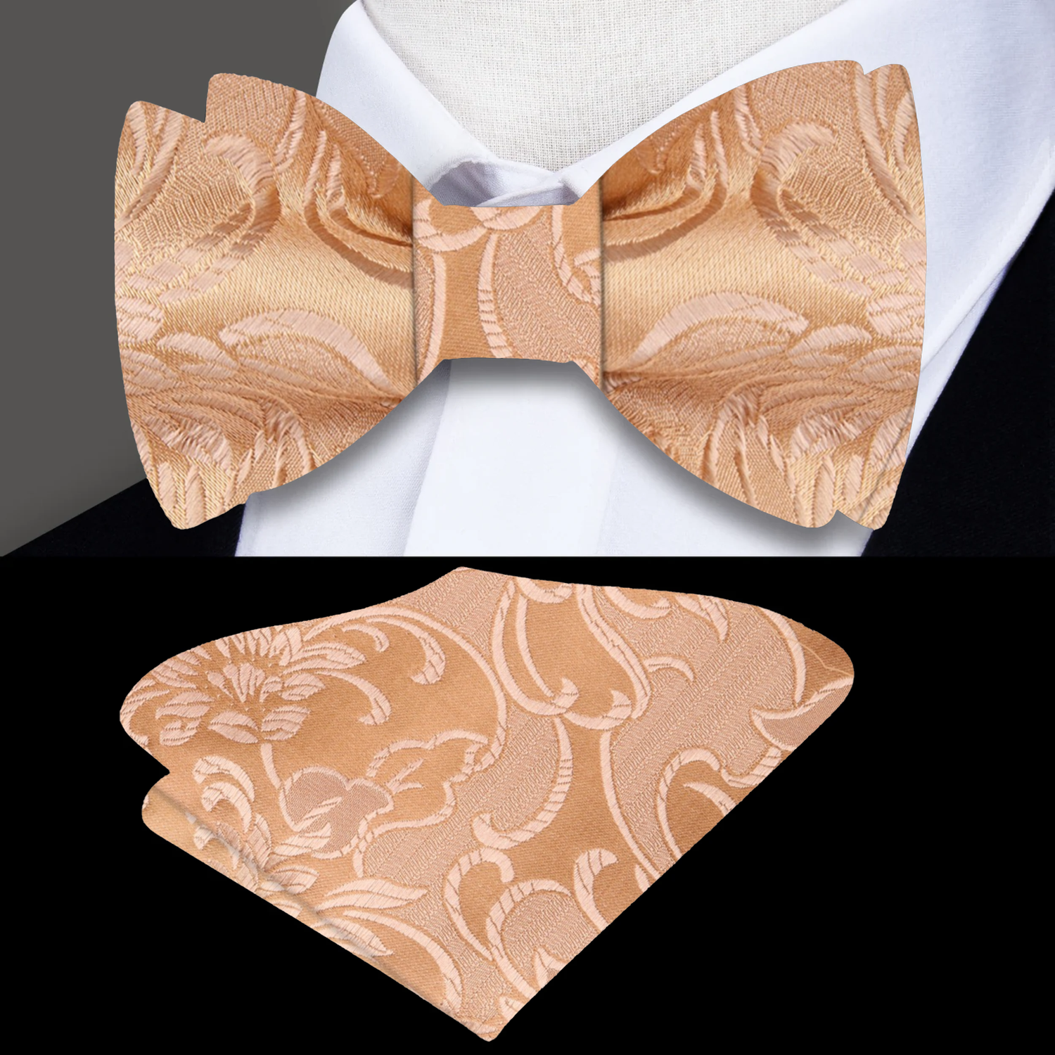 A Light Brown Floral Pattern Silk Self Tie Bow Tie, Matching Pocket Square