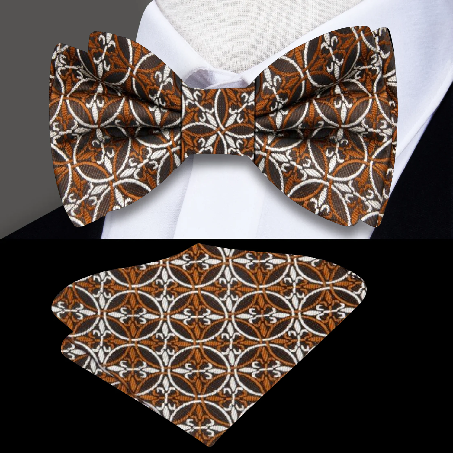 Brown Fleur De Lis Bow Tie and Pocket Square