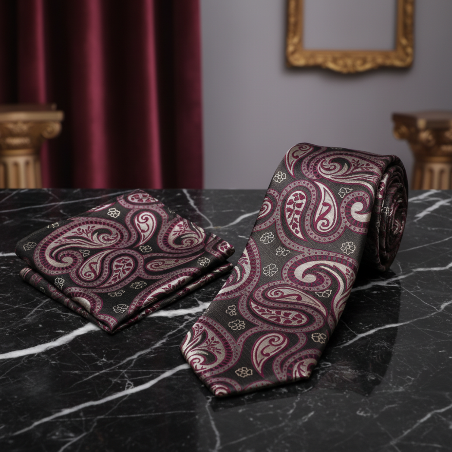 Paisley patterned tie and pocket square set on a white background